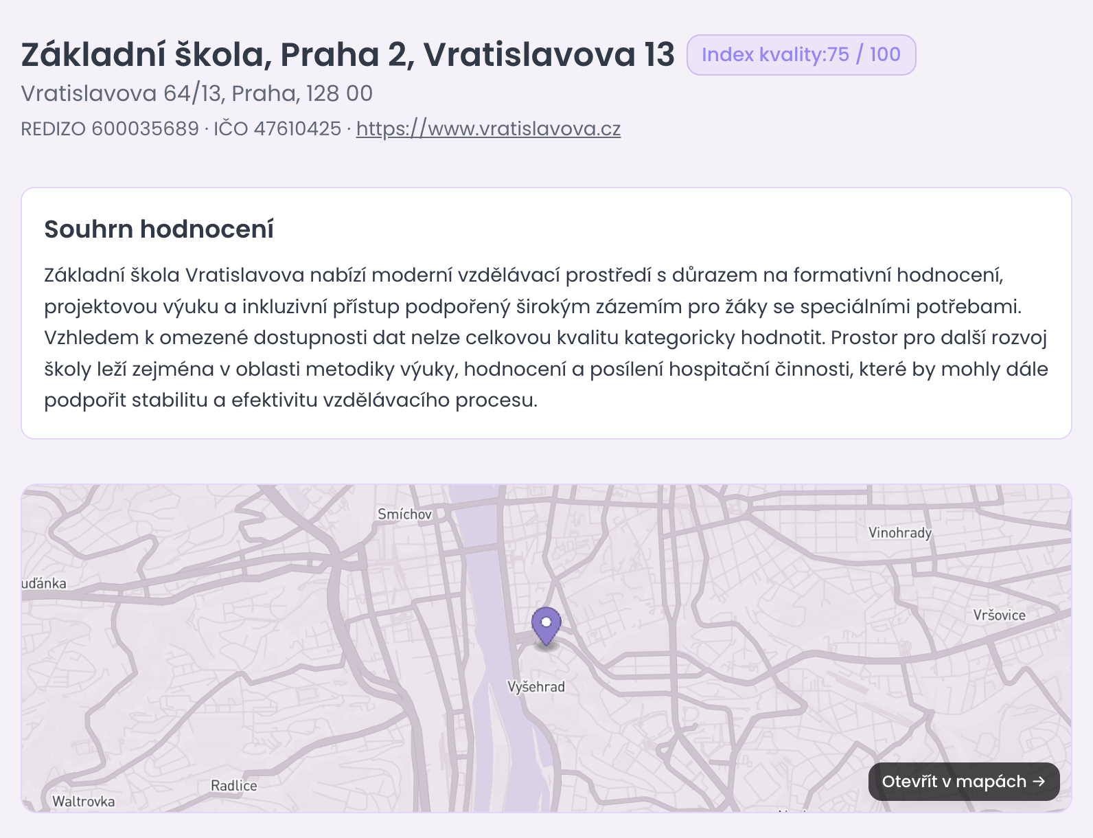 Profil školy — souhrn hodnocení